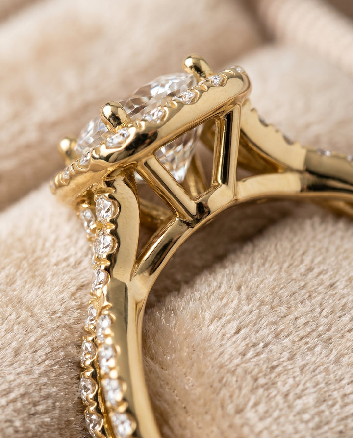 The Audra Twisted Scalloped Pavé Halo Engagement Ring Setting for Cushion Diamonds in 18K Yellow Gold