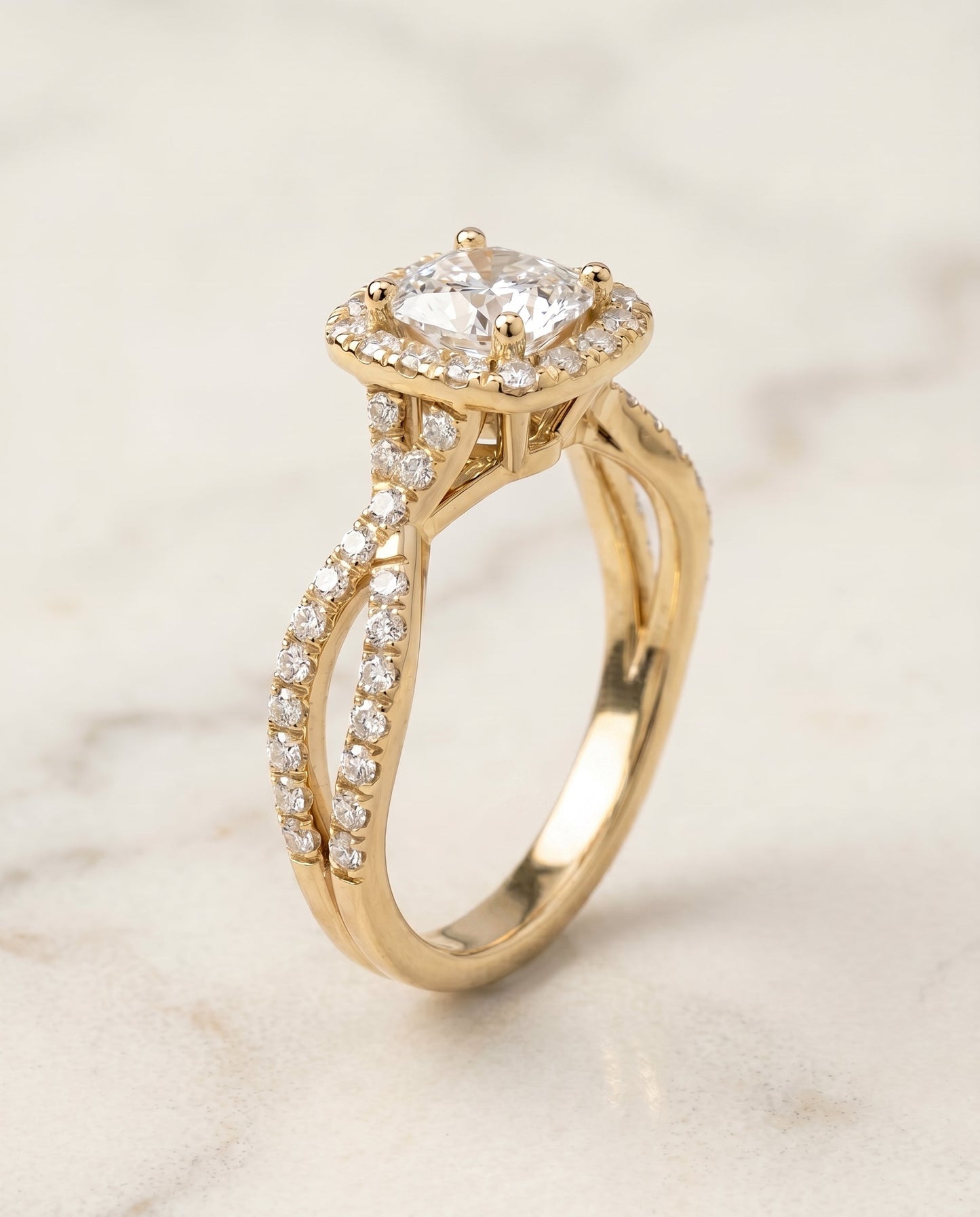The Audra Twisted Scalloped Pavé Halo Engagement Ring Setting for Cushion Diamonds in 18K Yellow Gold