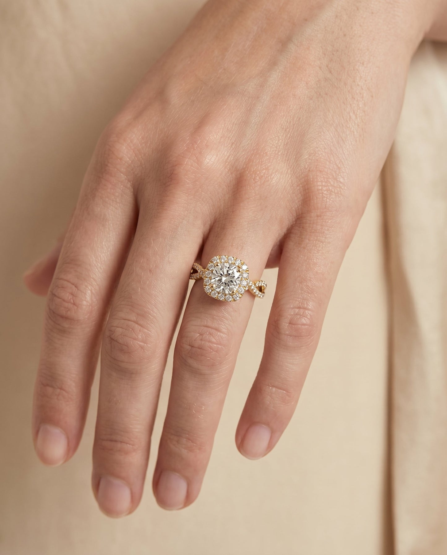 The Audra Twisted Scalloped Pavé Halo Engagement Ring Setting for Cushion Diamonds in 18K Yellow Gold