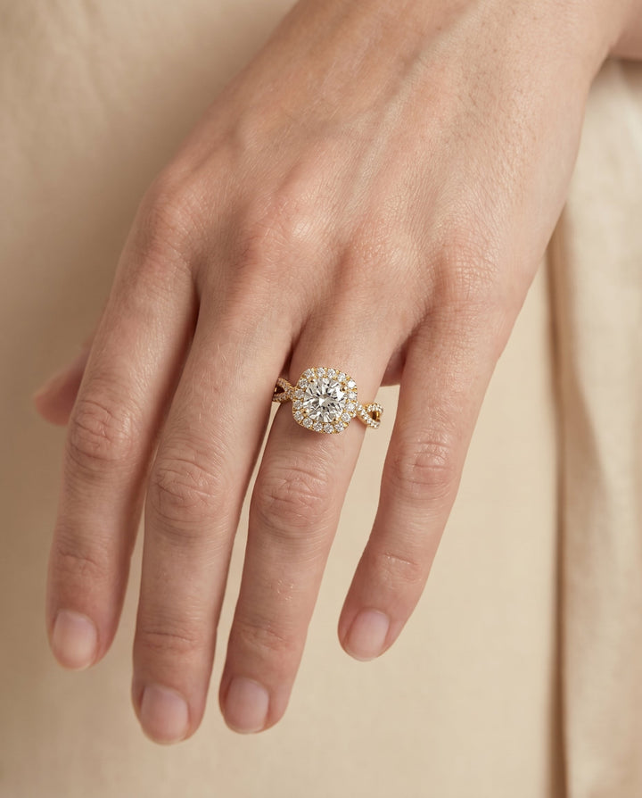 The Audra Twisted Scalloped Pavé Halo Engagement Ring Setting for Cushion Diamonds in 18K Yellow Gold