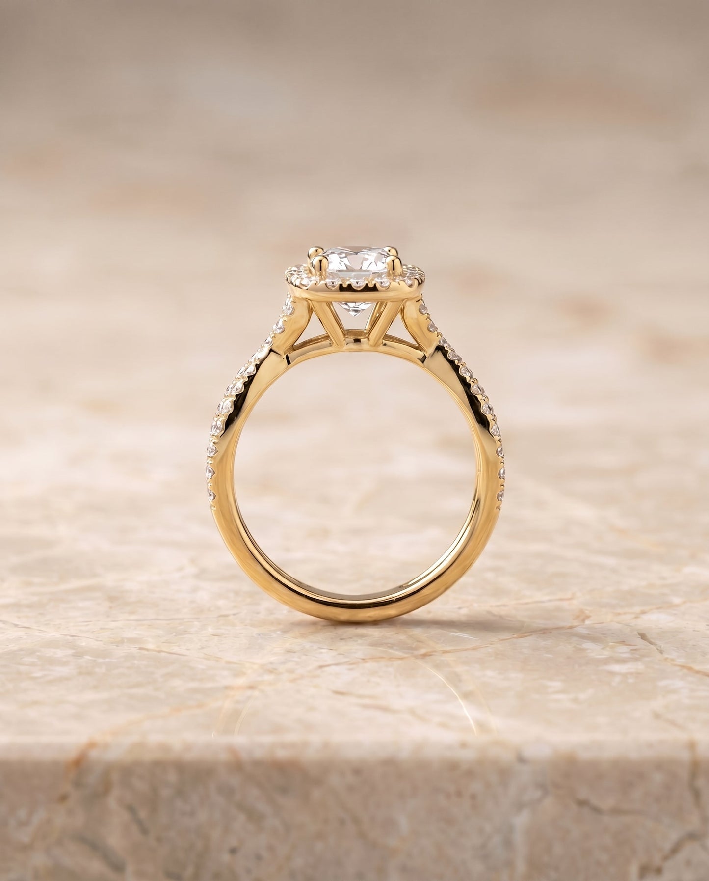 The Audra Twisted Scalloped Pavé Halo Engagement Ring Setting for Cushion Diamonds in 18K Yellow Gold