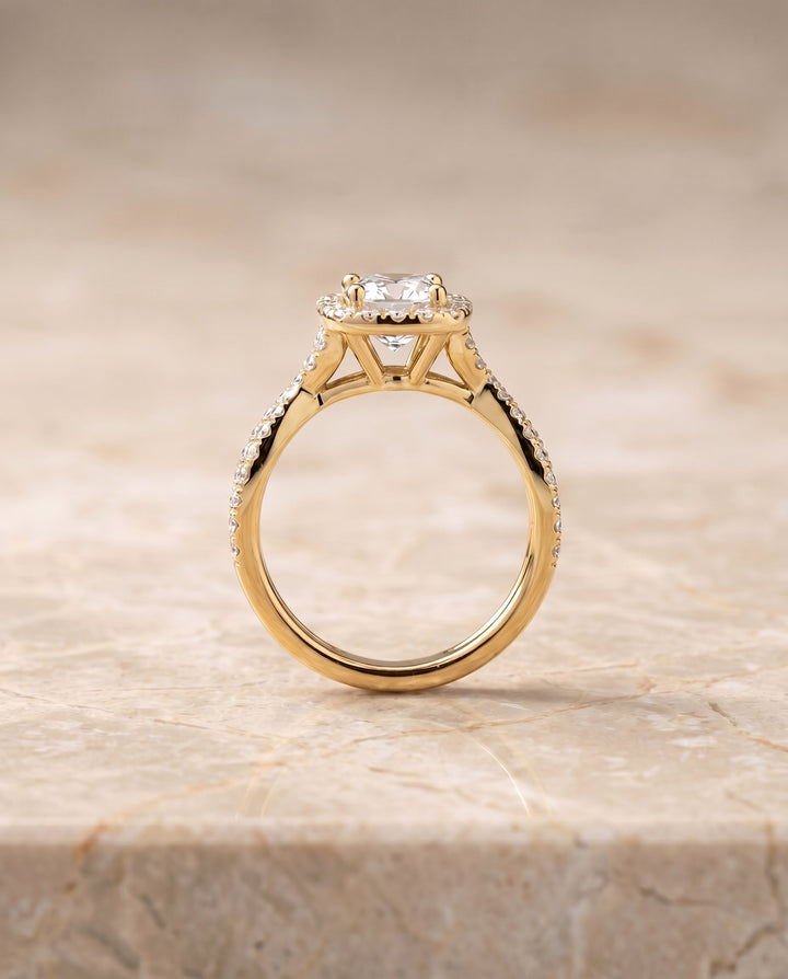 The Audra Twisted Scalloped Pavé Halo Engagement Ring Setting for Cushion Diamonds in 18K Yellow Gold