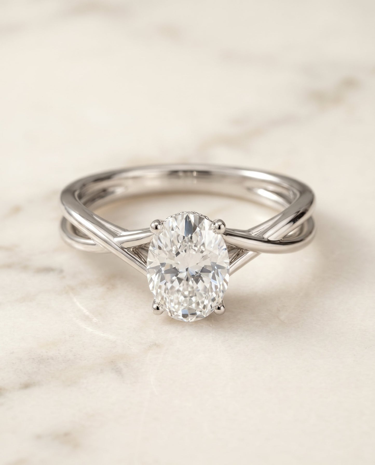 The Blondie Twisted Hidden Halo Solitaire Engagement Ring Setting for Oval Diamonds in Platinum | RockHer