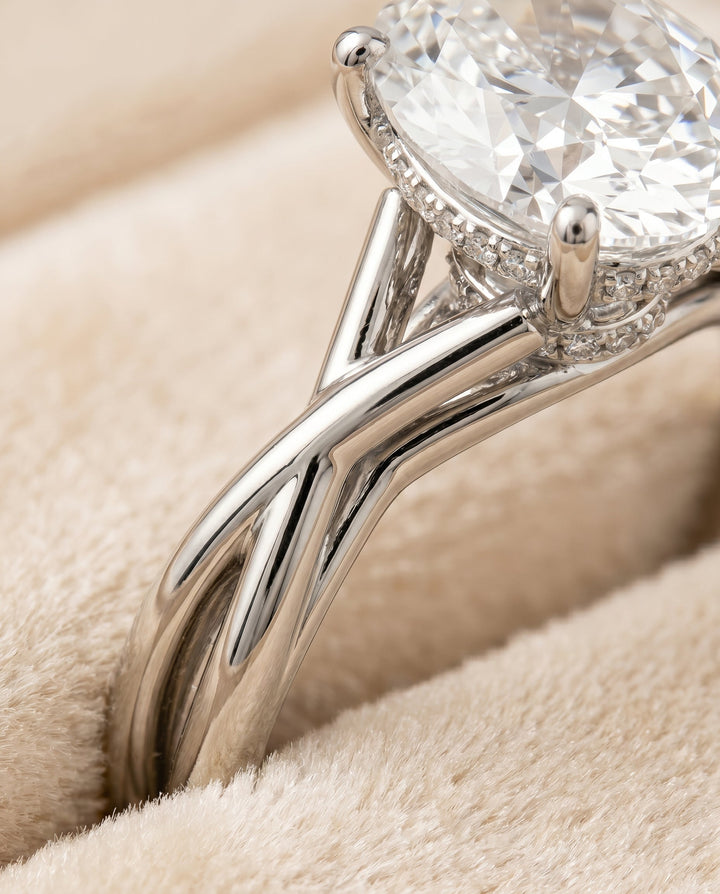 Blondie Select Twisted Shank Double Hidden Halo Solitaire Oval in 14K White Gold – view 4