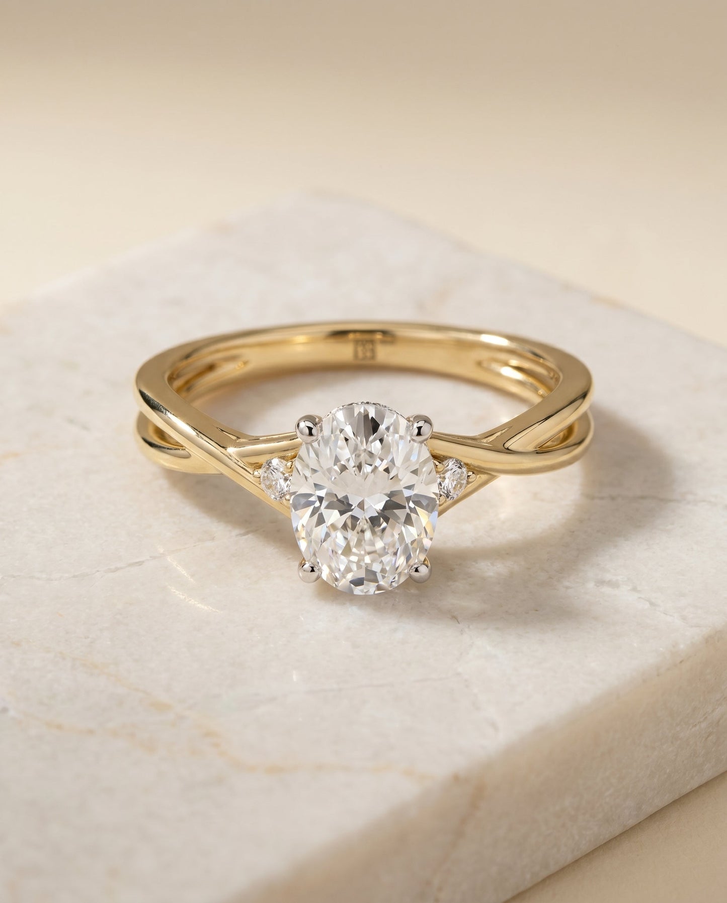 The Dusty Twisted Hidden Halo Solitaire Engagement Ring Setting for Oval Diamonds in 18K Yellow Gold | RockHer