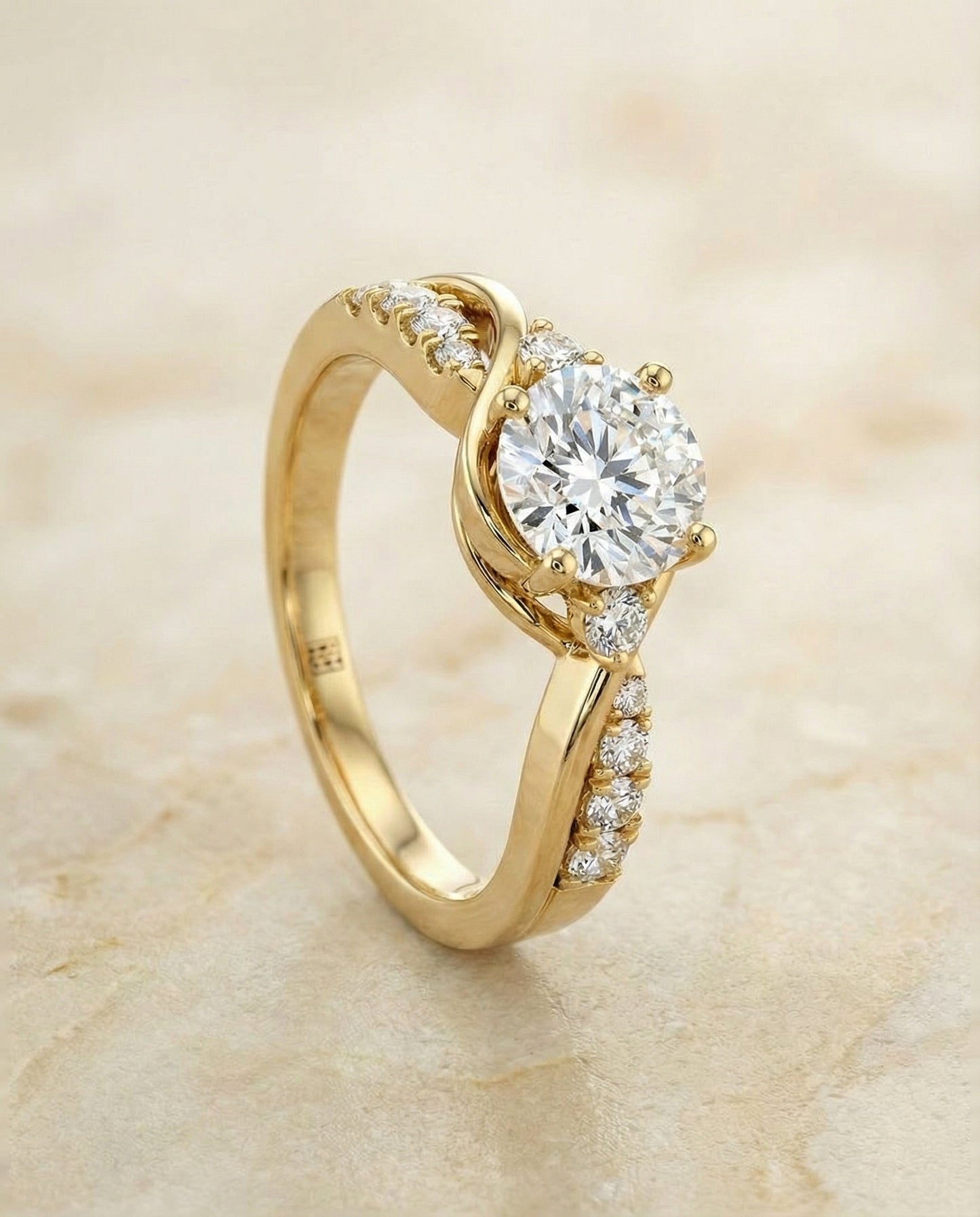 Round Brilliant, Twisted Three Stone, in 18K Yellow Gold – angled view | RockHer