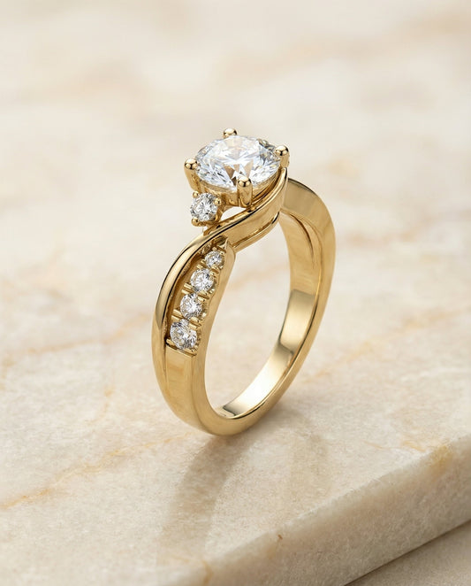 Twisted Three Stone Round Engagement Ring Setting in 14K Yellow Gold