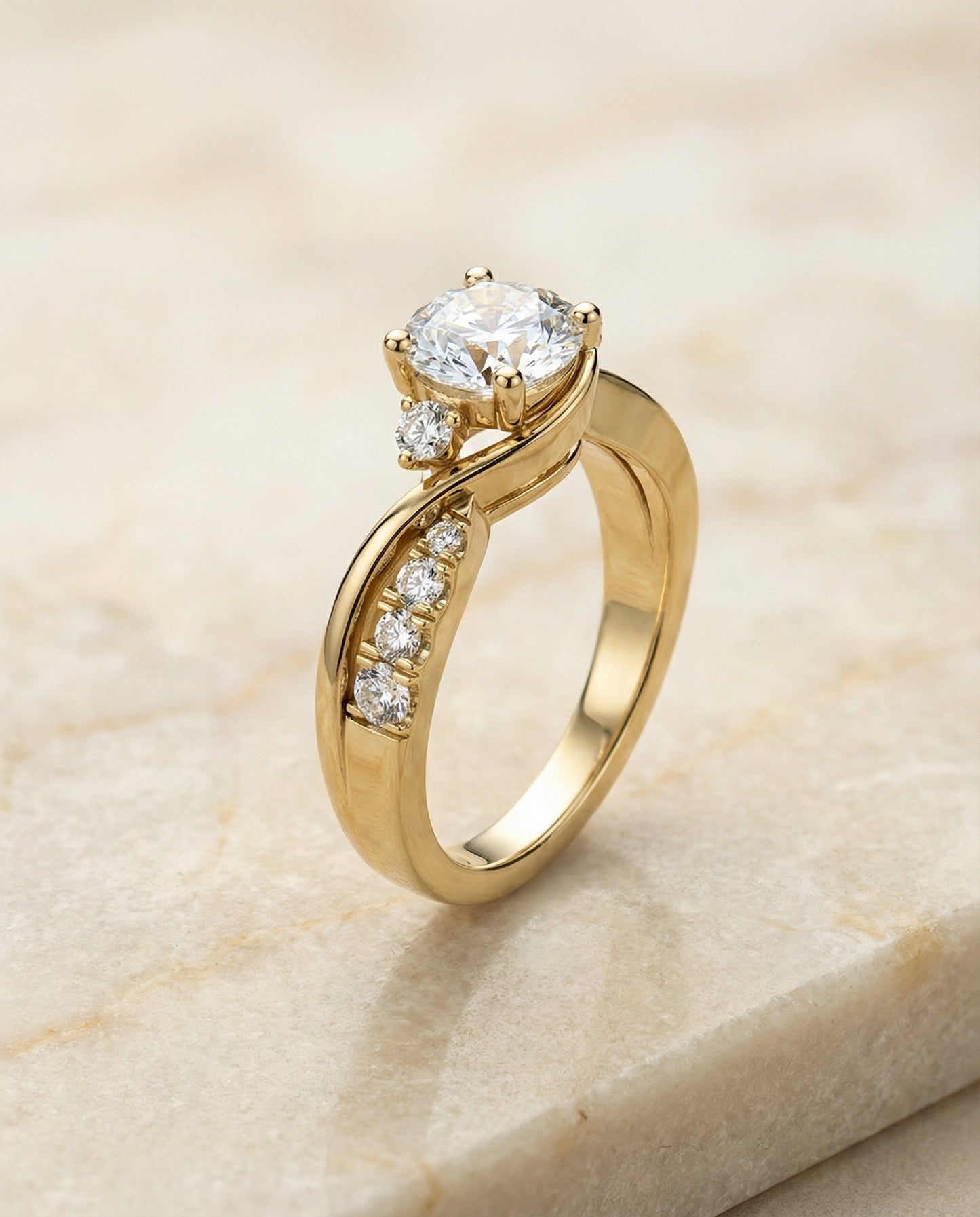 Round Brilliant, Twisted Three Stone, in 18K Yellow Gold – front view | RockHer