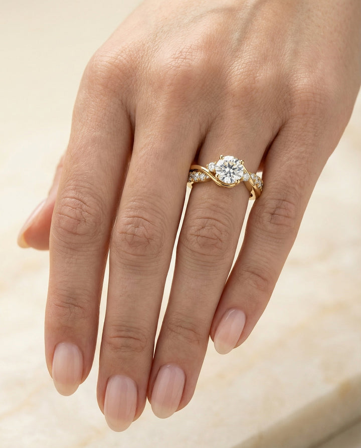 Round Brilliant, Twisted Three Stone, in 18K Yellow Gold – lifestyle shot | RockHer