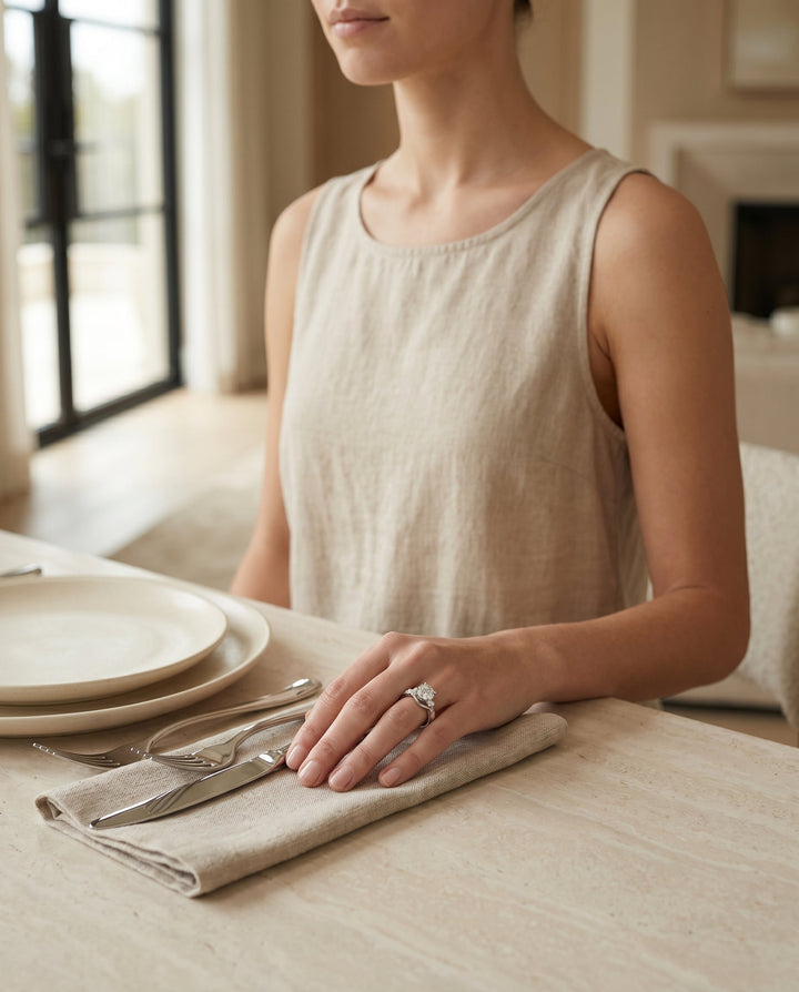 Round Brilliant, Twisted Three Stone, in 18K White Gold – lifestyle shot | RockHer