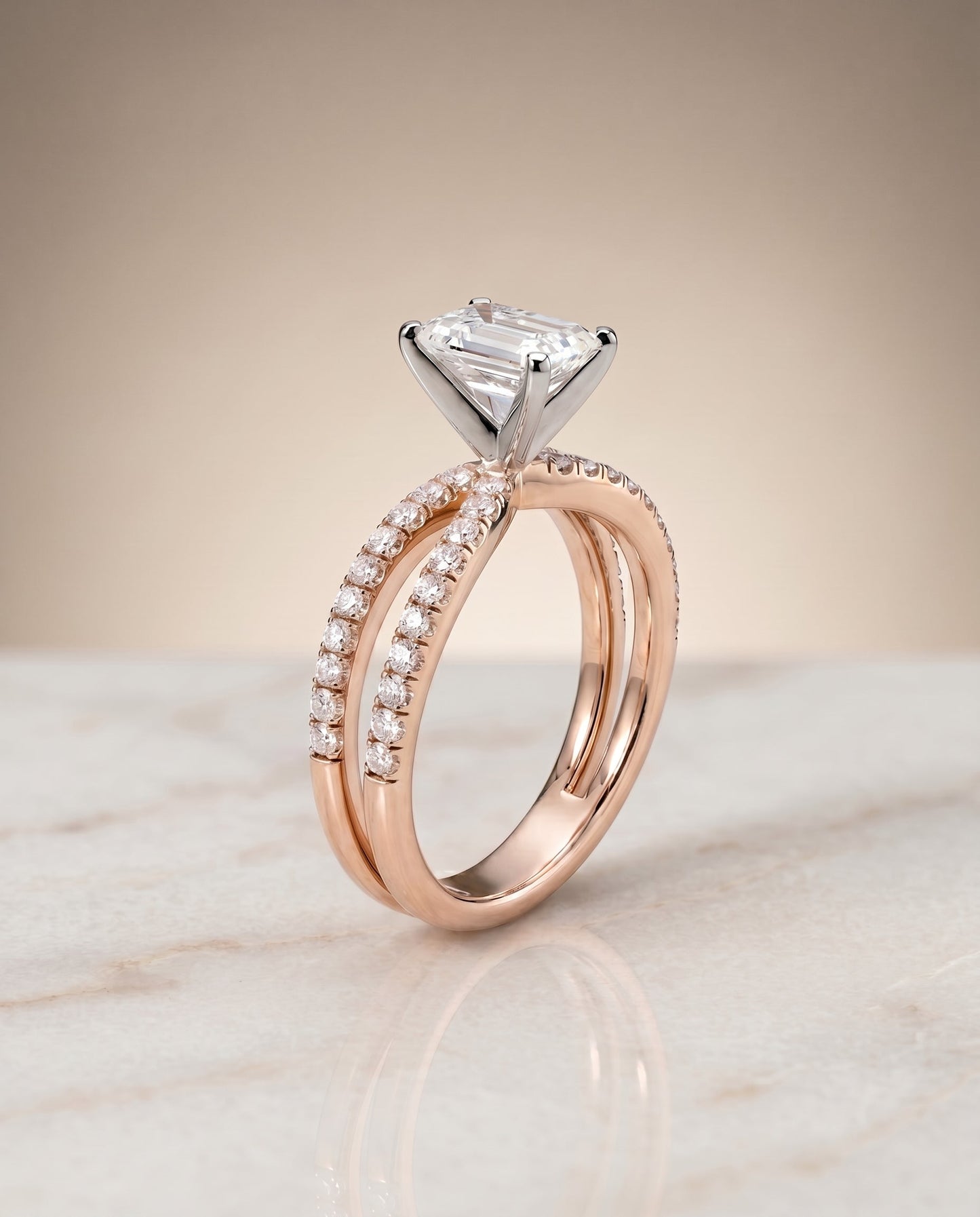 Carole Select Two Row Pave Split Shank Emerald Cut Solitaire in 14K Rose Gold – view 6