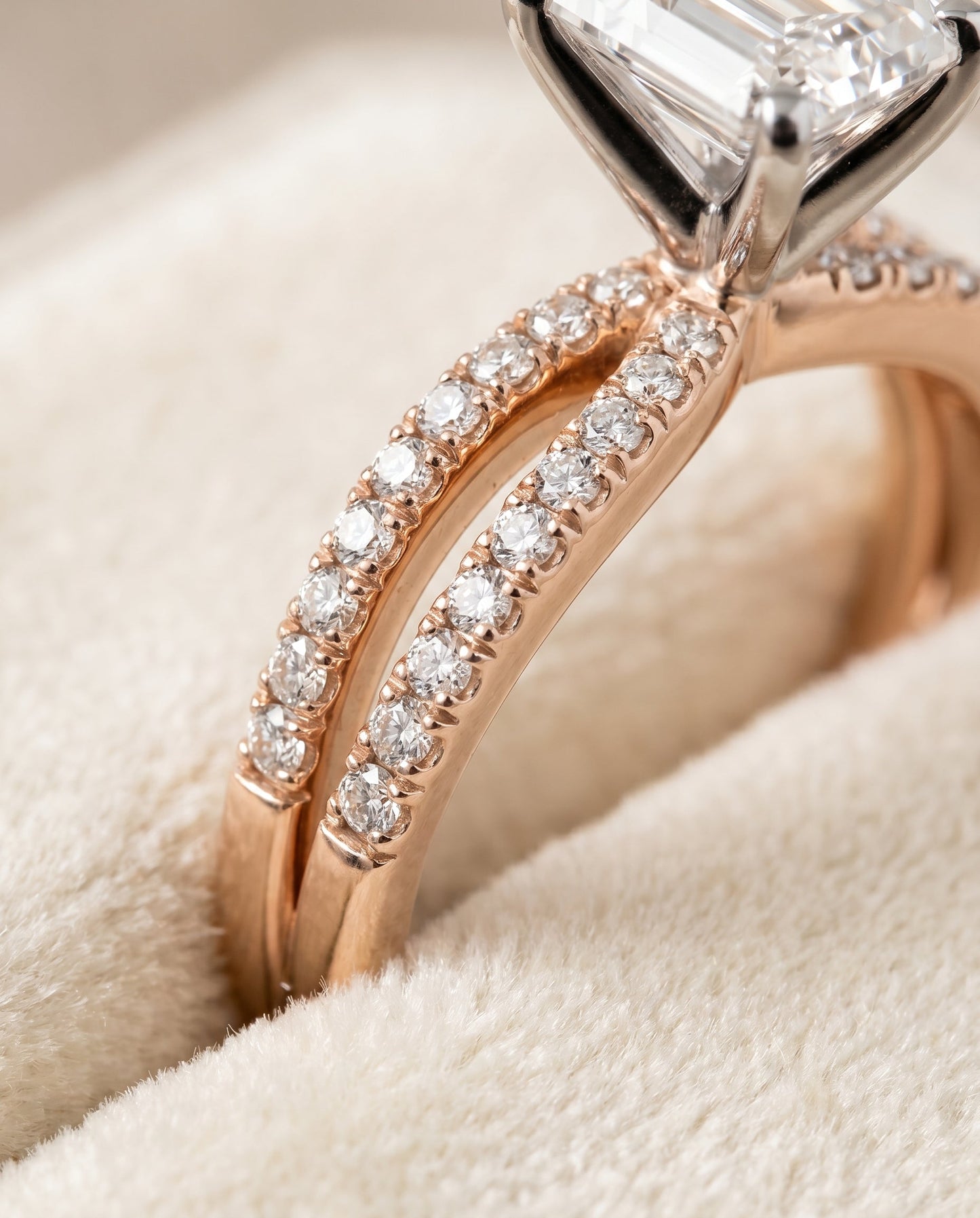 Carole Select Two Row Pave Split Shank Emerald Cut Solitaire in 14K Rose Gold – view 4