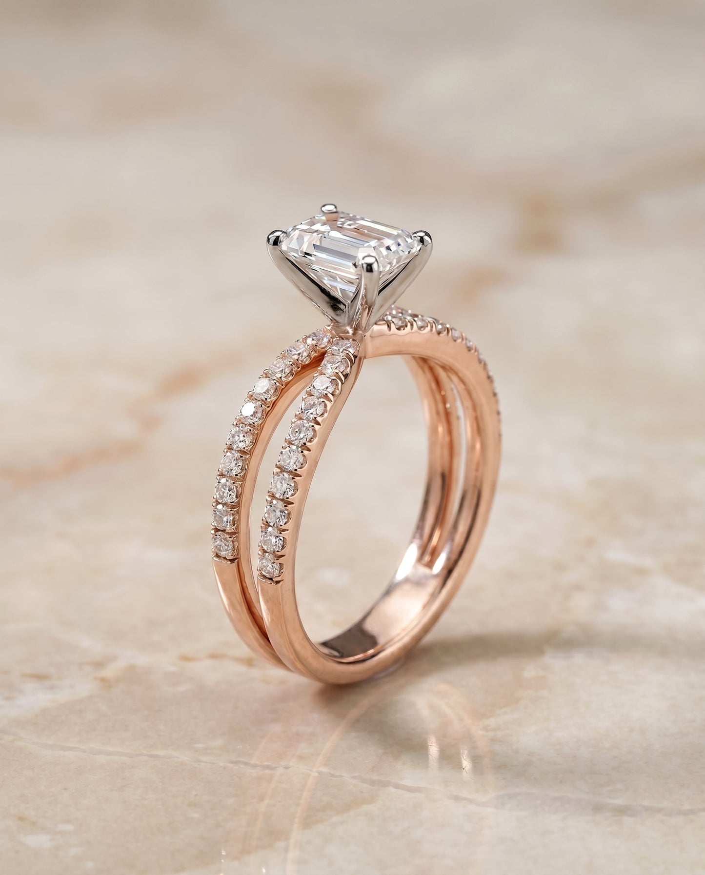 Carole Select Two Row Pave Split Shank Emerald Cut Solitaire in 14K Rose Gold – view 1