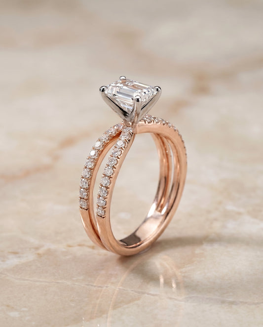 Carole Select Two Row Pave Split Shank Emerald Cut Solitaire in 14K Rose Gold – view 1