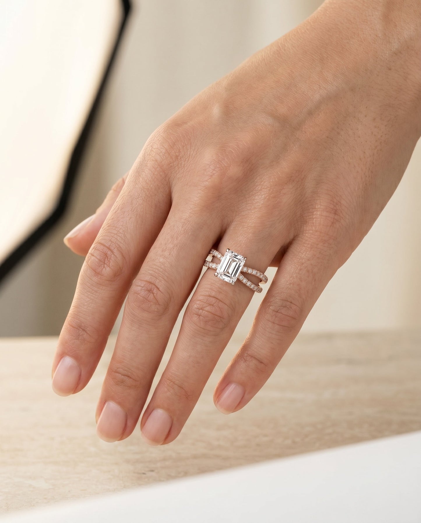 Carole Select Two Row Pave Split Shank Emerald Cut Solitaire in 14K Rose Gold – view 5