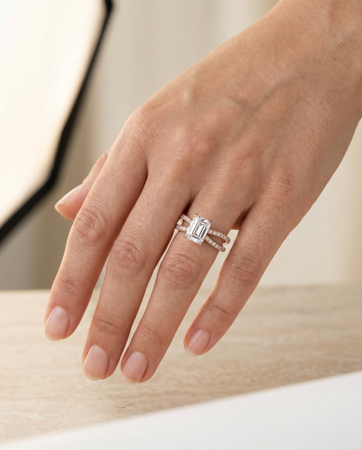 Carole Select Two Row Pave Split Shank Emerald Cut Solitaire in 14K Rose Gold – view 5