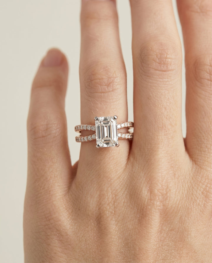 Carole Select Two Row Pave Split Shank Emerald Cut Solitaire in 14K Rose Gold – view 3