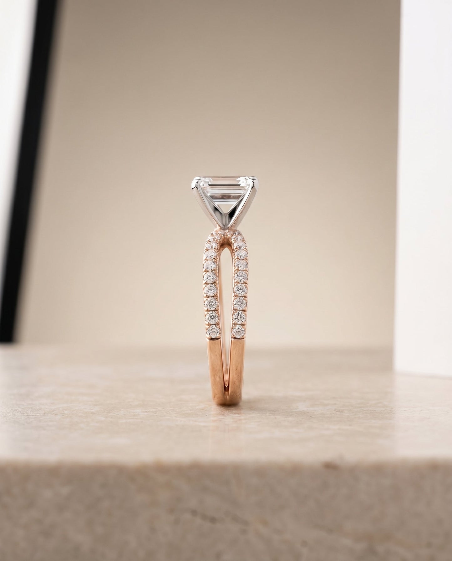 Carole Select Two Row Pave Split Shank Emerald Cut Solitaire in 14K Rose Gold – view 2