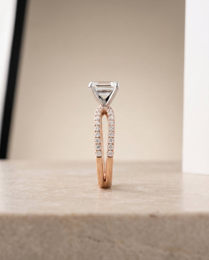 Carole Select Two Row Pave Split Shank Emerald Cut Solitaire in 14K Rose Gold – view 2