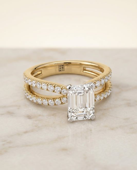The Carole Split Shank Engagement Ring Setting for Emerald Cut Diamonds in 18K Yellow Gold | RockHer