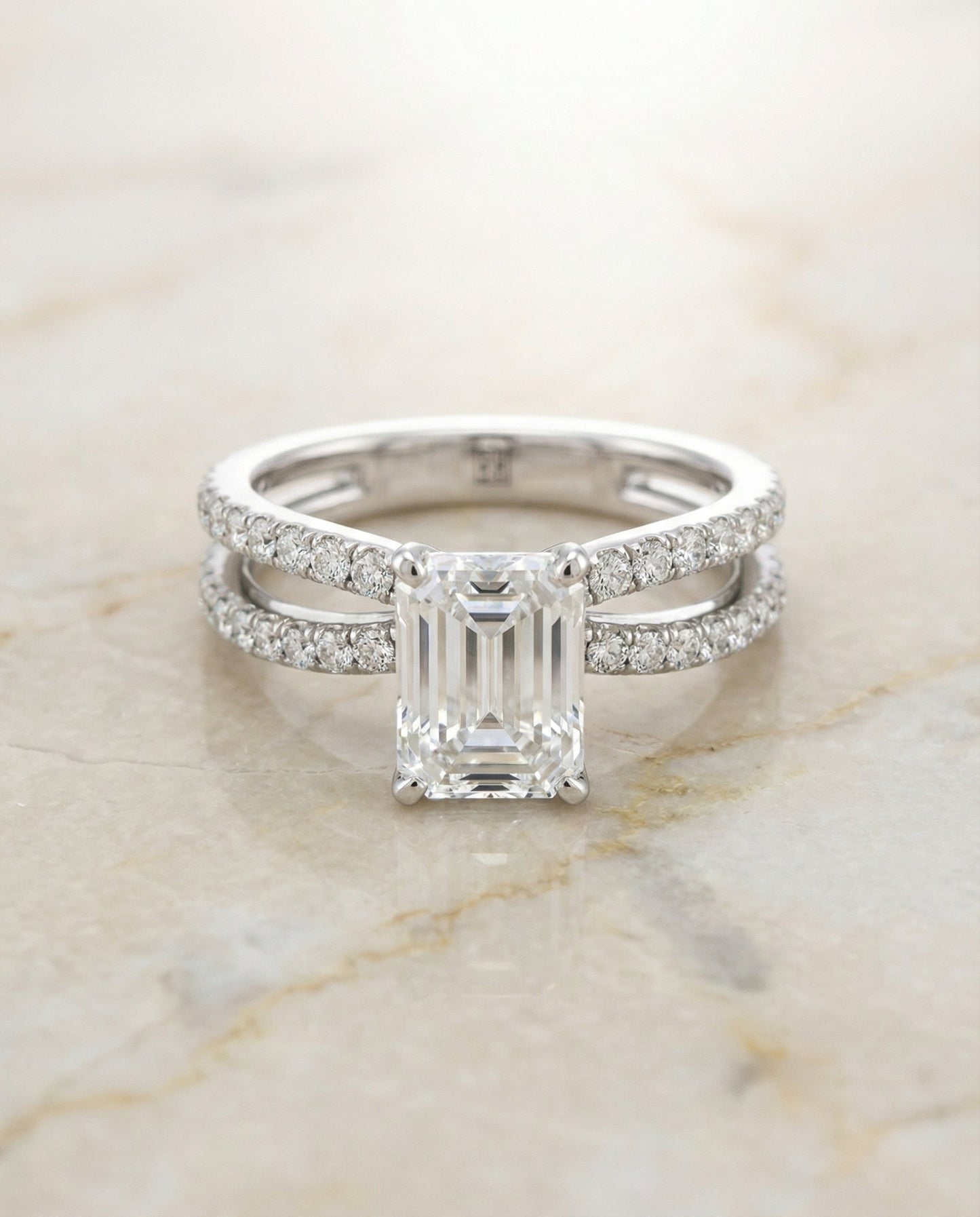 European Cut, Two Row Pavé Split Shank Emerald, in Platinum – angled view | RockHer