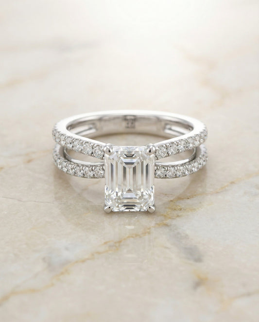 European Cut, Two Row Pavé Split Shank Emerald, in Platinum – angled view | RockHer