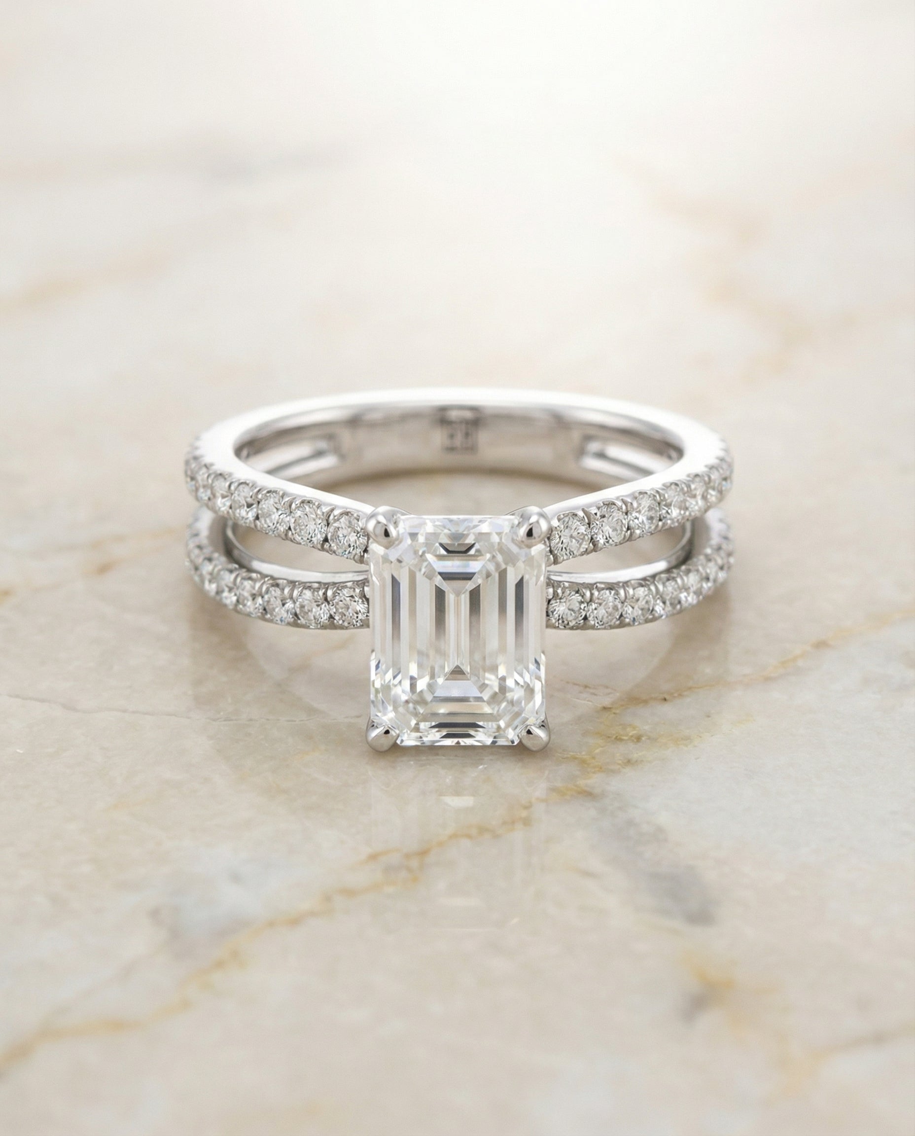 European Cut, Two Row Pavé Split Shank Emerald, in Platinum – angled view | RockHer