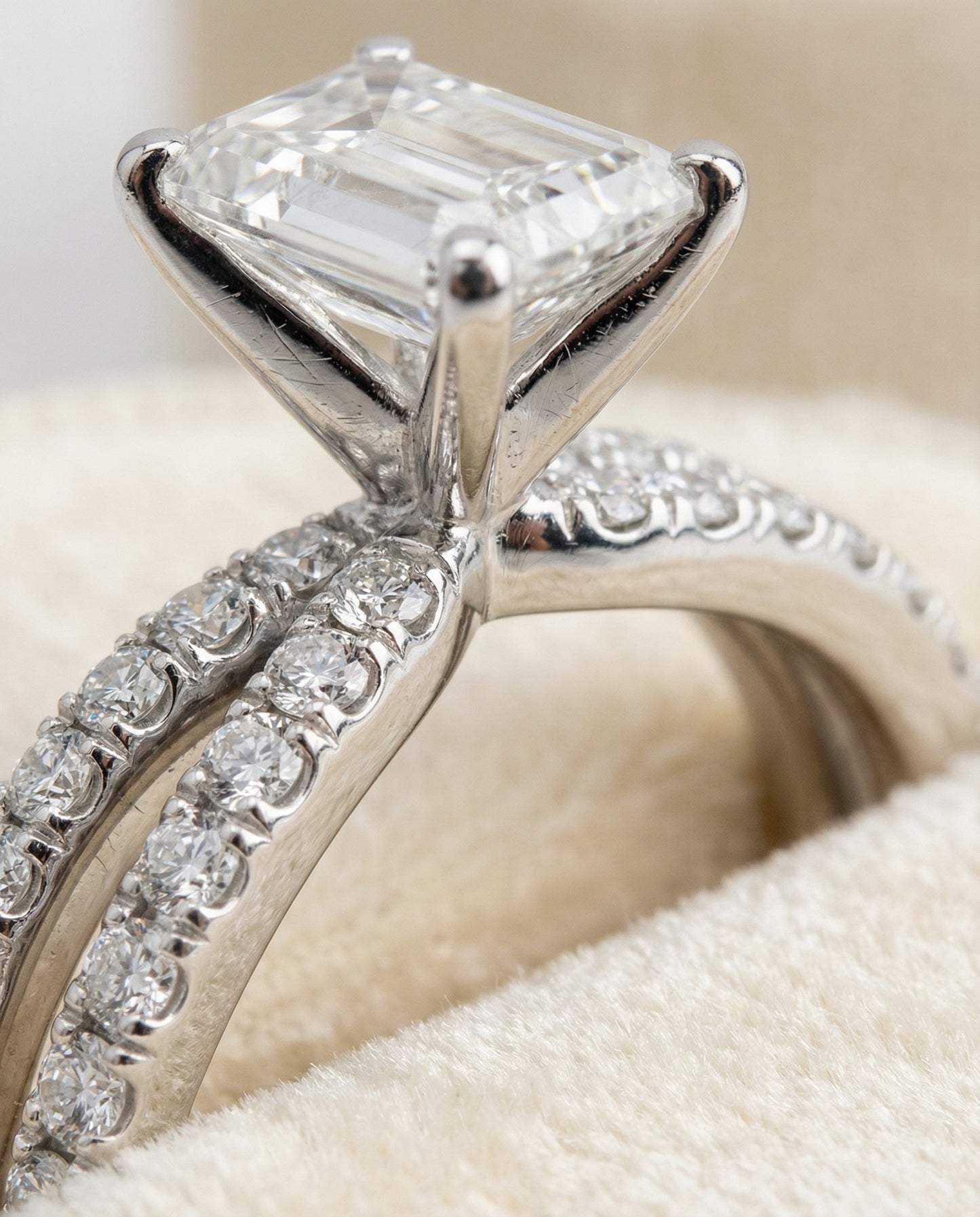 European Cut, Two Row Pavé Split Shank Emerald, in Platinum – detail view | RockHer