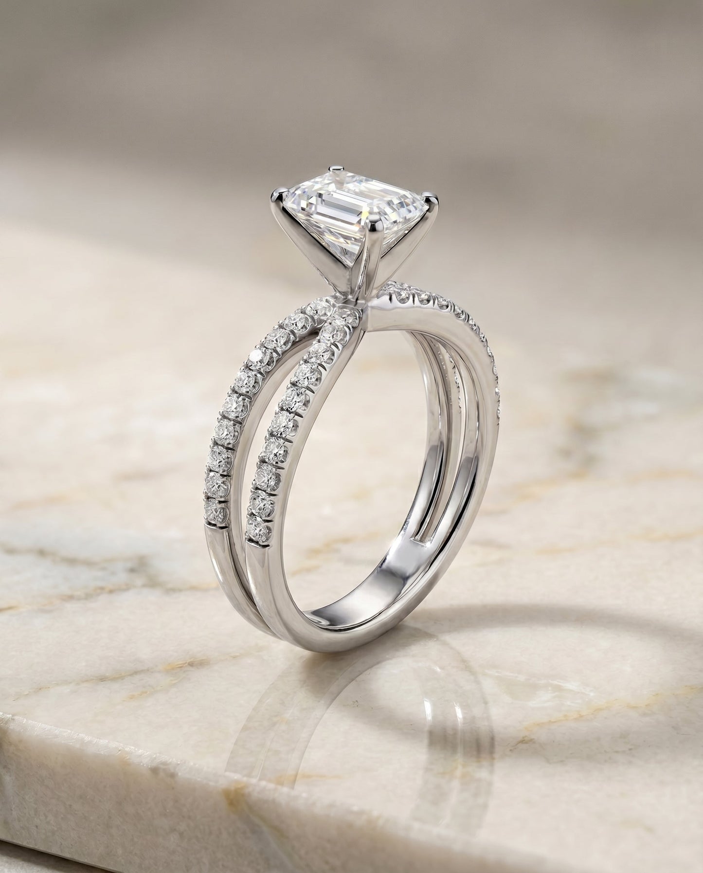European Cut, Two Row Pavé Split Shank Emerald, in Platinum – front view | RockHer