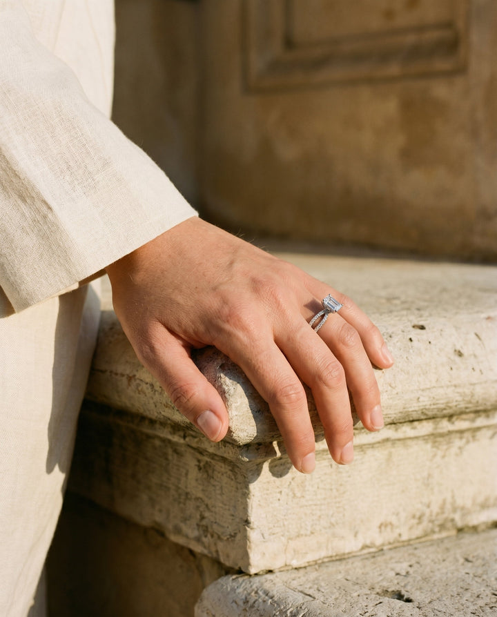 European Cut, Two Row Pavé Split Shank Emerald, in Platinum – lifestyle shot | RockHer