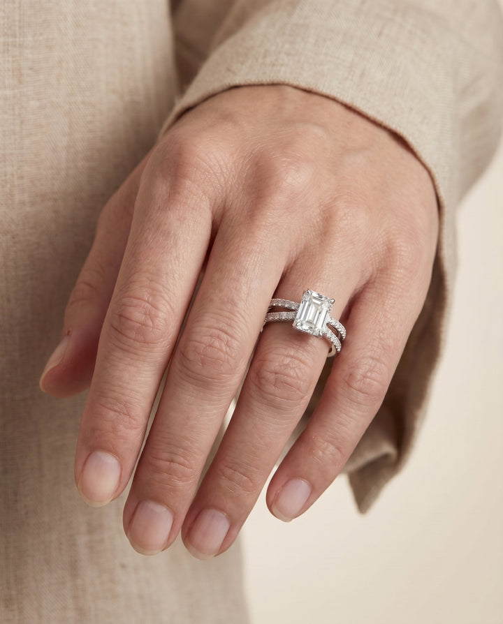 European Cut, Two Row Pavé Split Shank Emerald, in Platinum – lifestyle shot | RockHer