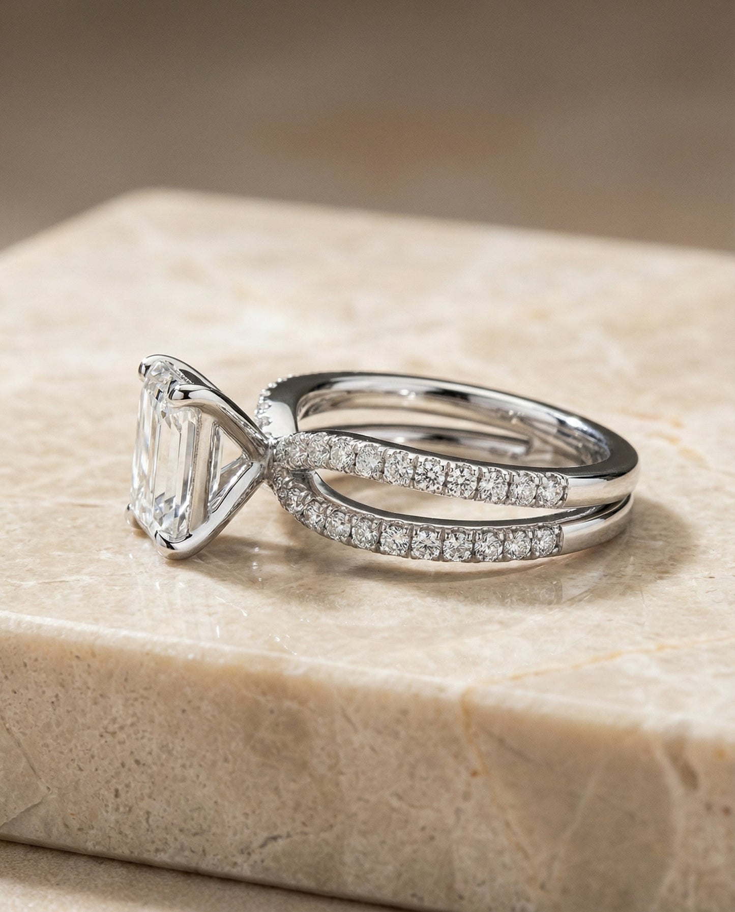 European Cut, Two Row Pavé Split Shank Emerald, in Platinum – side profile | RockHer