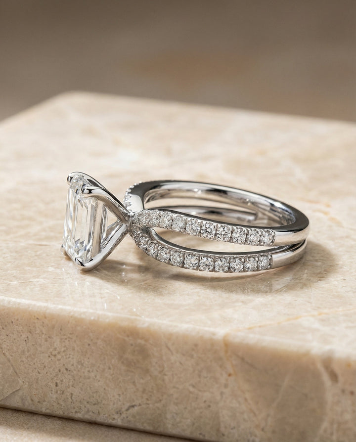 European Cut, Two Row Pavé Split Shank Emerald, in Platinum – side profile | RockHer