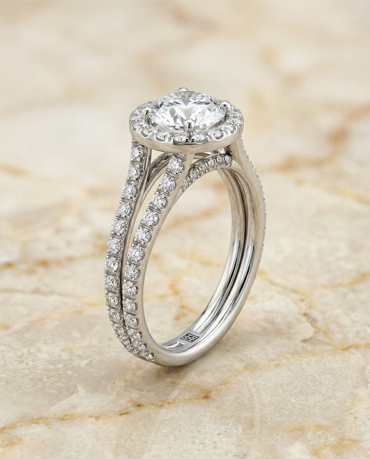 Round Brilliant, Two Row Pavé Split Shank Halo, in Platinum, pave setting – angled view | RockHer