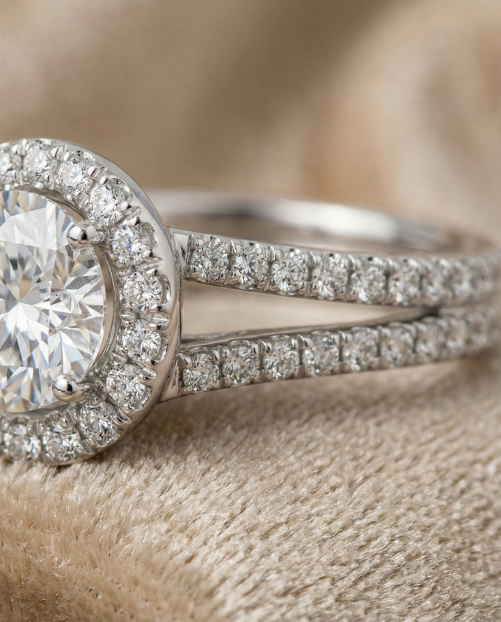 Round Brilliant, Two Row Pavé Split Shank Halo, in Platinum, pave setting – detail view | RockHer