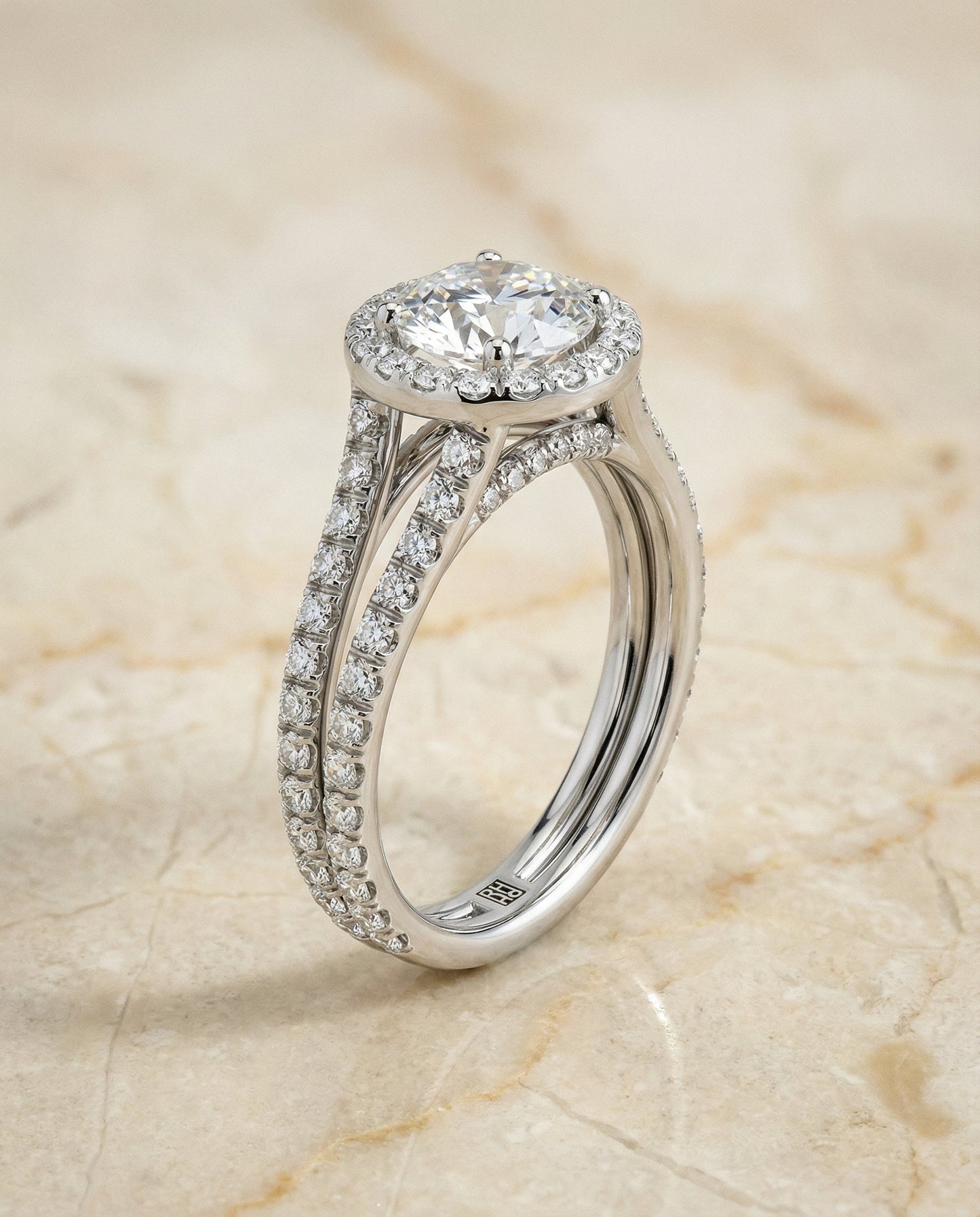 Round Brilliant, Two Row Pavé Split Shank Halo, in Platinum, pave setting – front view | RockHer