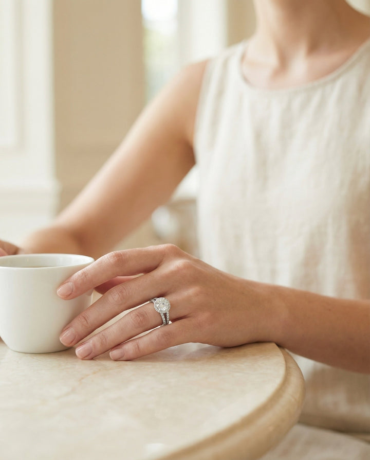 Round Brilliant, Two Row Pavé Split Shank Halo, in Platinum, pave setting – lifestyle shot | RockHer