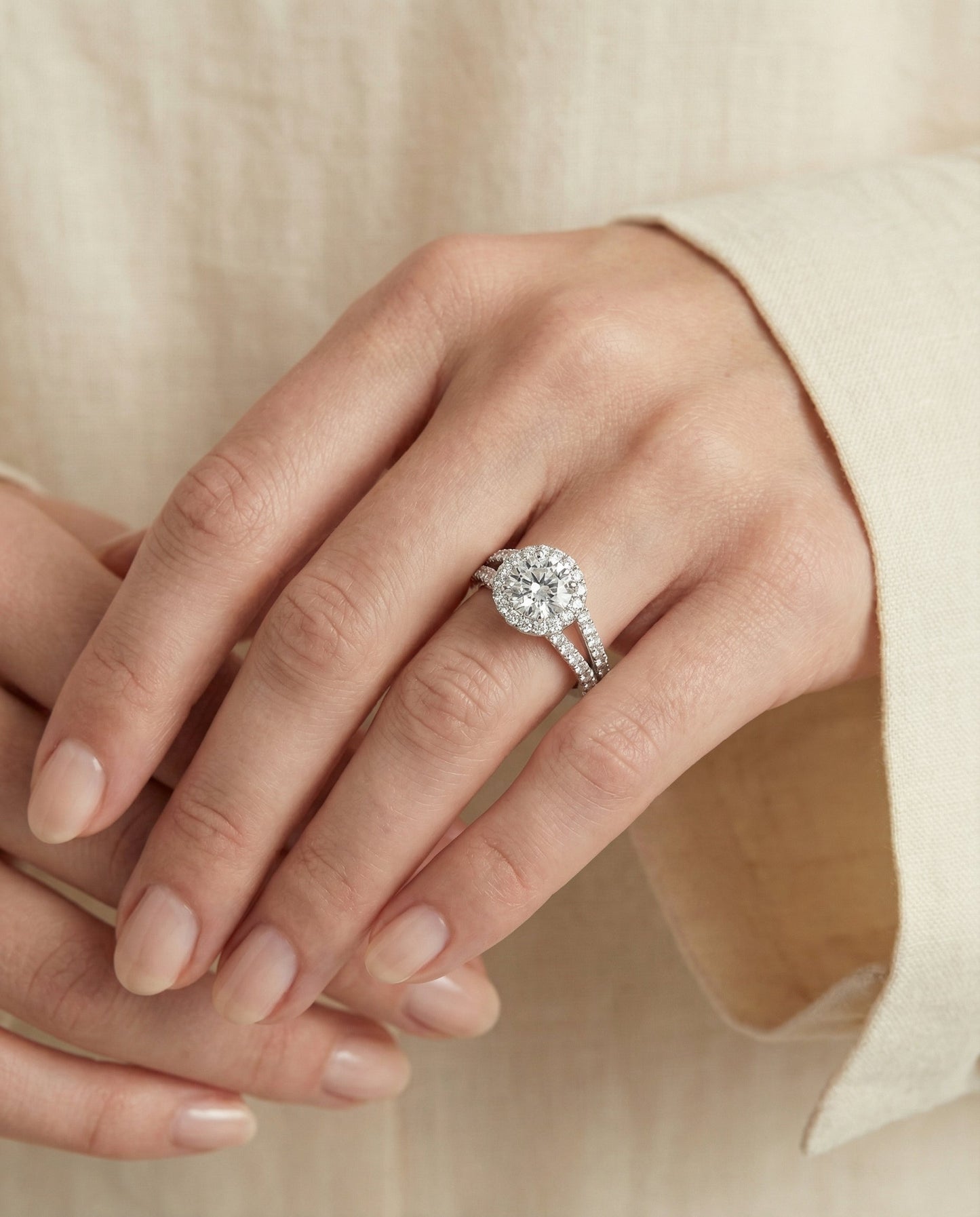 Round Brilliant, Two Row Pavé Split Shank Halo, in Platinum, pave setting – lifestyle shot | RockHer
