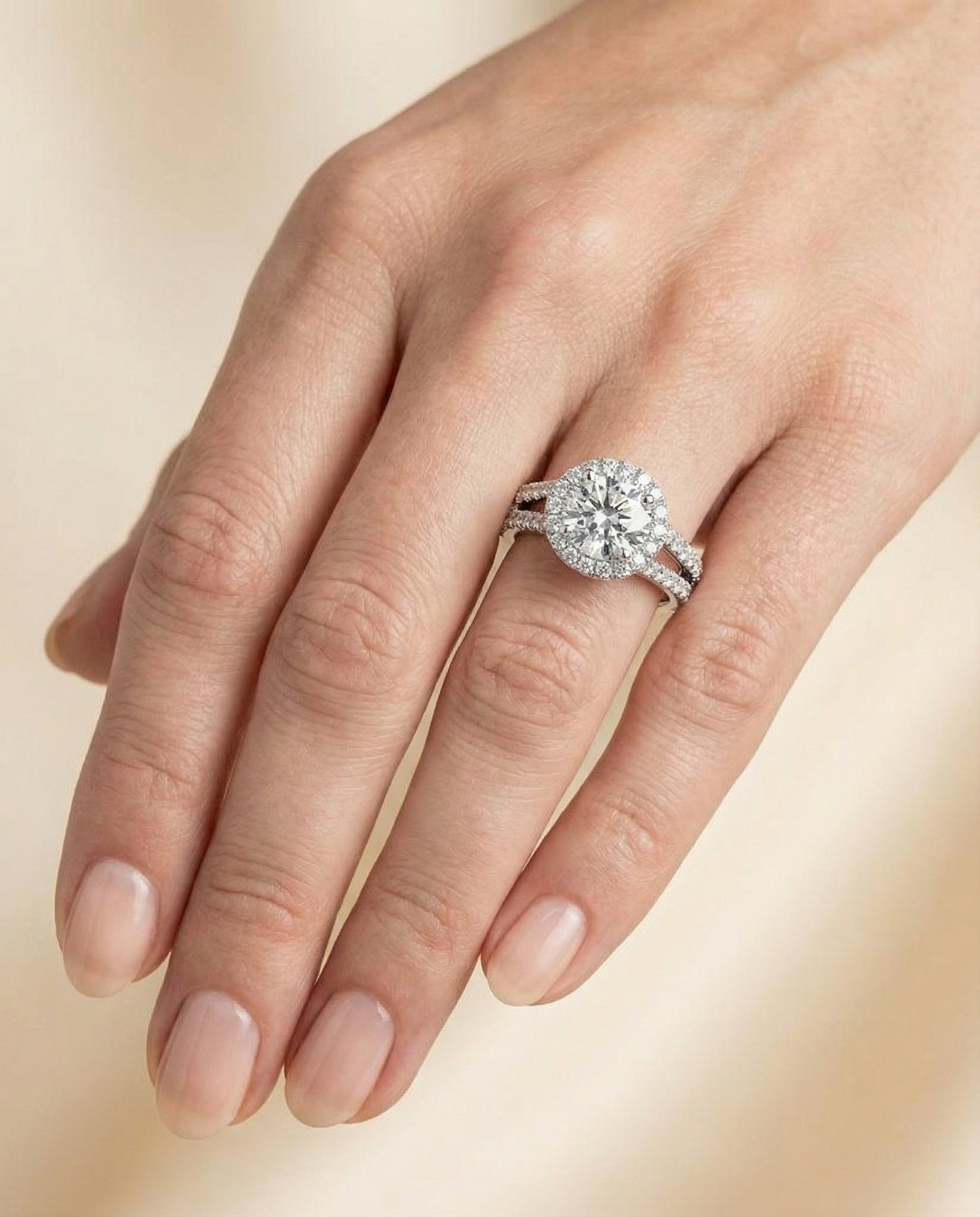 Round Brilliant, Two Row Pavé Split Shank Halo, in Platinum, pave setting – lifestyle shot | RockHer