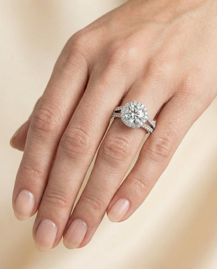 Round Brilliant, Two Row Pavé Split Shank Halo, in Platinum, pave setting – lifestyle shot | RockHer
