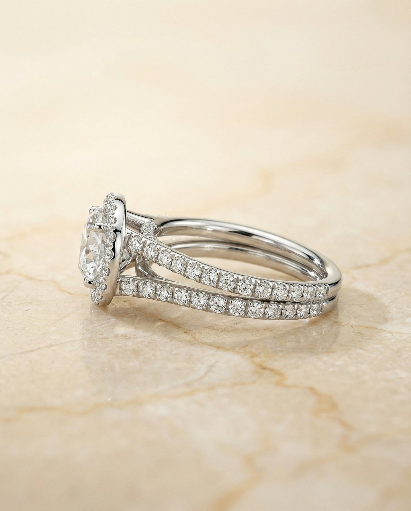Round Brilliant, Two Row Pavé Split Shank Halo, in Platinum, pave setting – side profile | RockHer