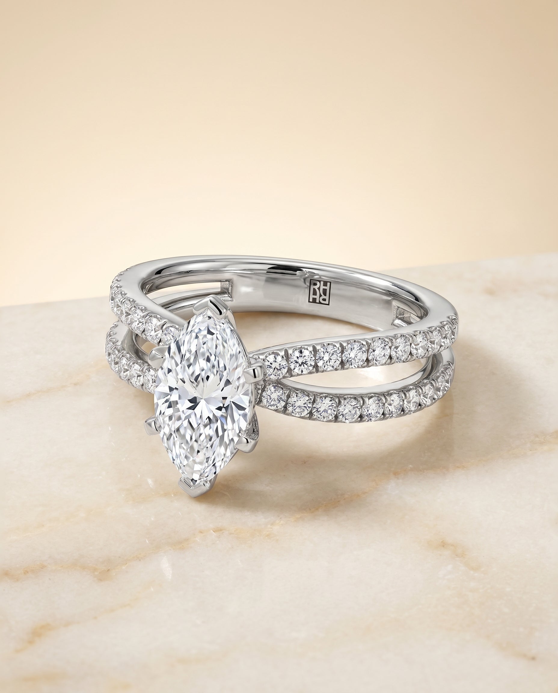 Carole Select Two Row Pave Split Shank Marquise Solitaire in 18K White Gold – view 1