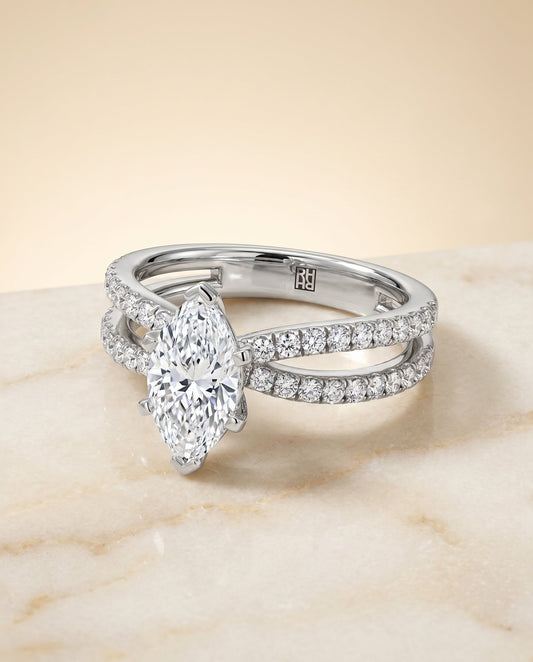 Carole Select Two Row Pave Split Shank Marquise Solitaire in 18K White Gold – view 1