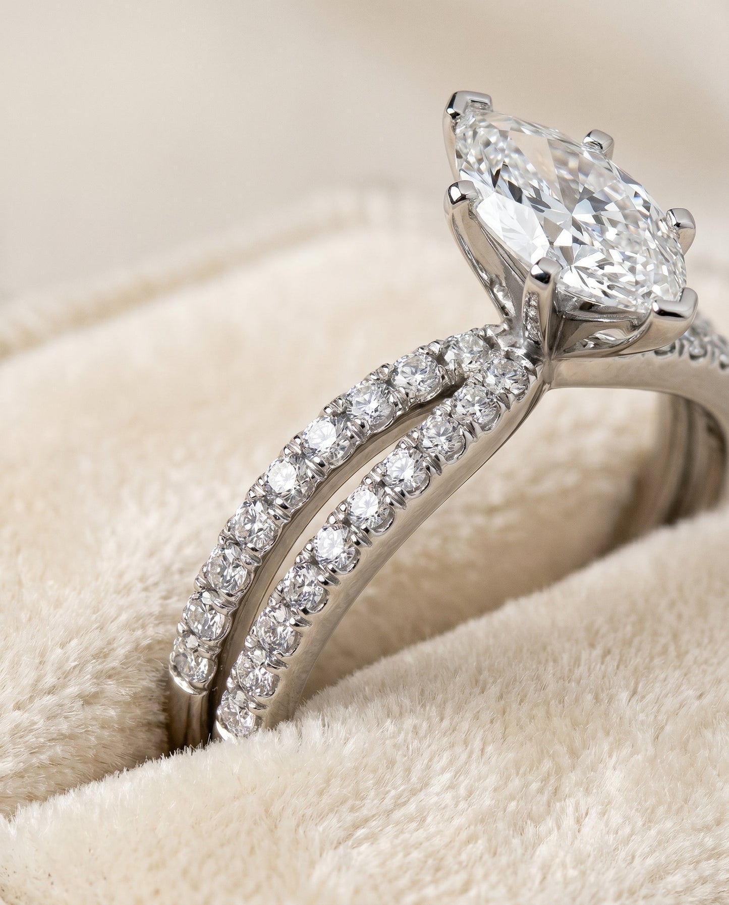 Carole Select Two Row Pave Split Shank Marquise Solitaire in Platinum – view 4