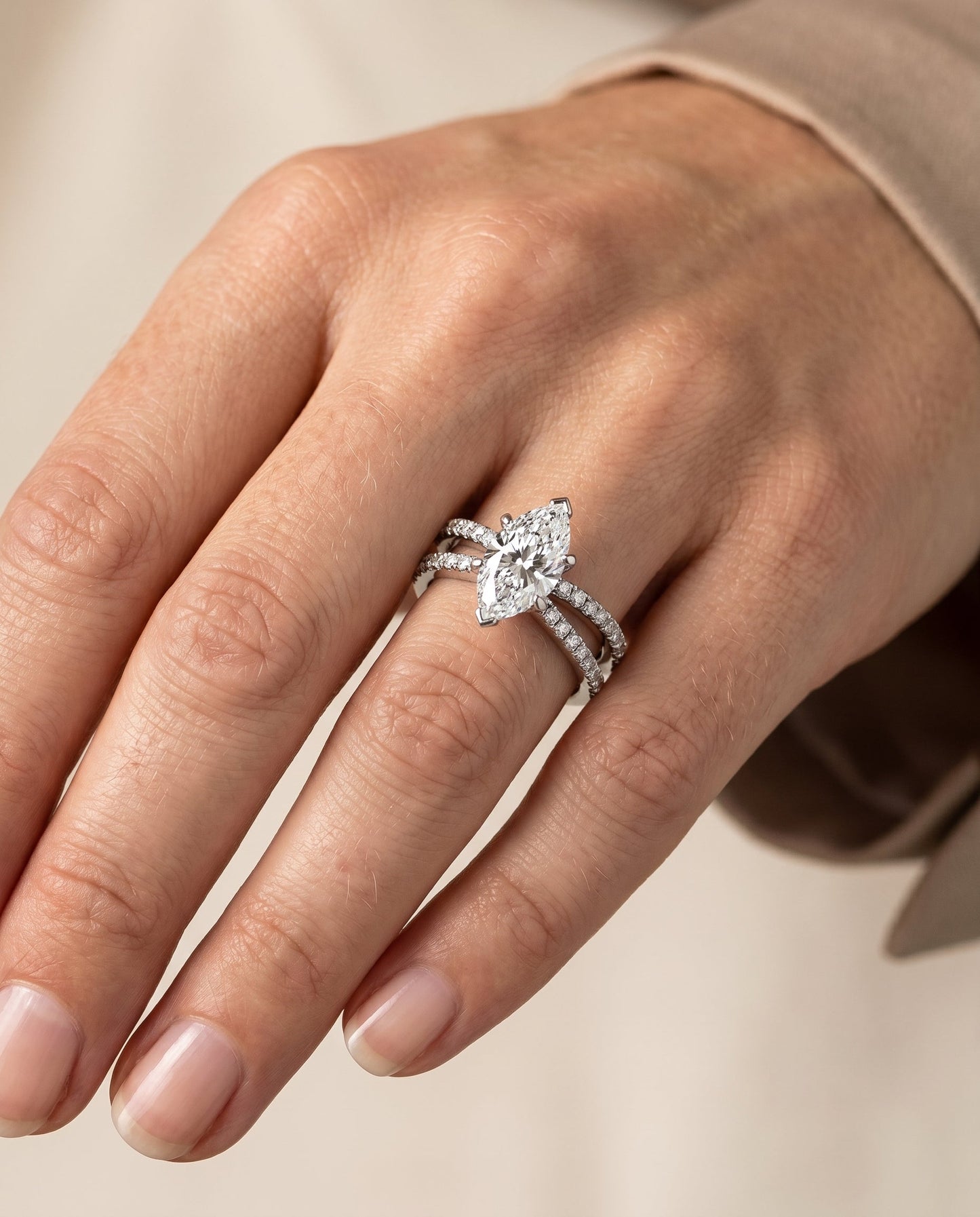Carole Select Two Row Pave Split Shank Marquise Solitaire in 18K White Gold – view 3