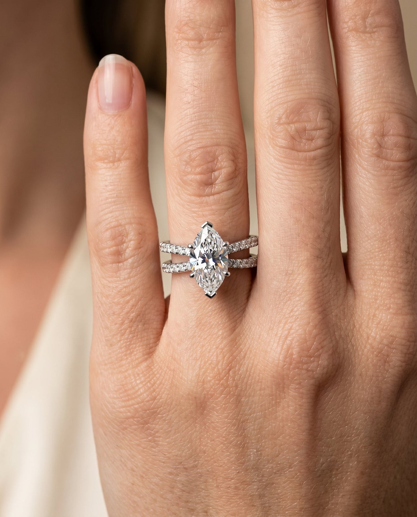 Carole Select Two Row Pave Split Shank Marquise Solitaire in 18K White Gold – view 5