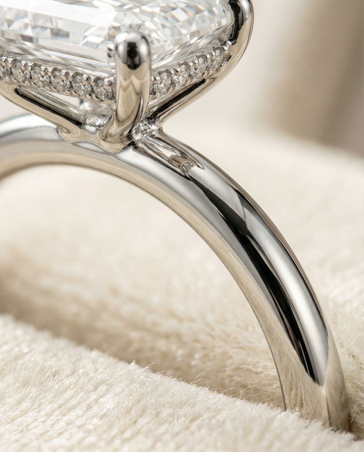 Upper Hidden Halo Solitaire Radiant, in Platinum – detail view | RockHer