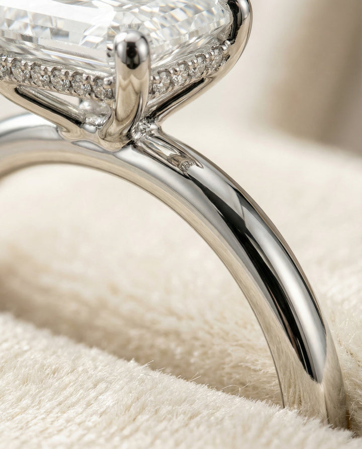 Upper Hidden Halo Solitaire Radiant, in Platinum – detail view | RockHer