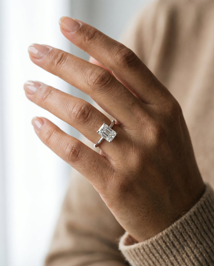 Upper Hidden Halo Solitaire Radiant, in Platinum – lifestyle shot | RockHer