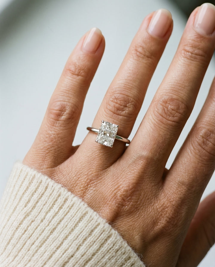 Upper Hidden Halo Solitaire Radiant, in Platinum – lifestyle shot | RockHer